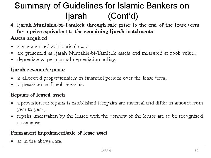 Summary of Guidelines for Islamic Bankers on Ijarah (Cont’d) IJARAH 50 