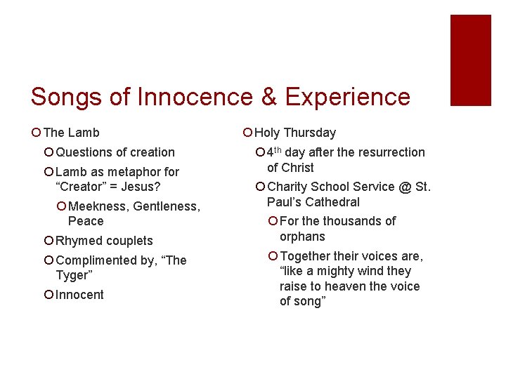 Songs of Innocence & Experience ¡ The Lamb ¡ Questions of creation ¡ Lamb