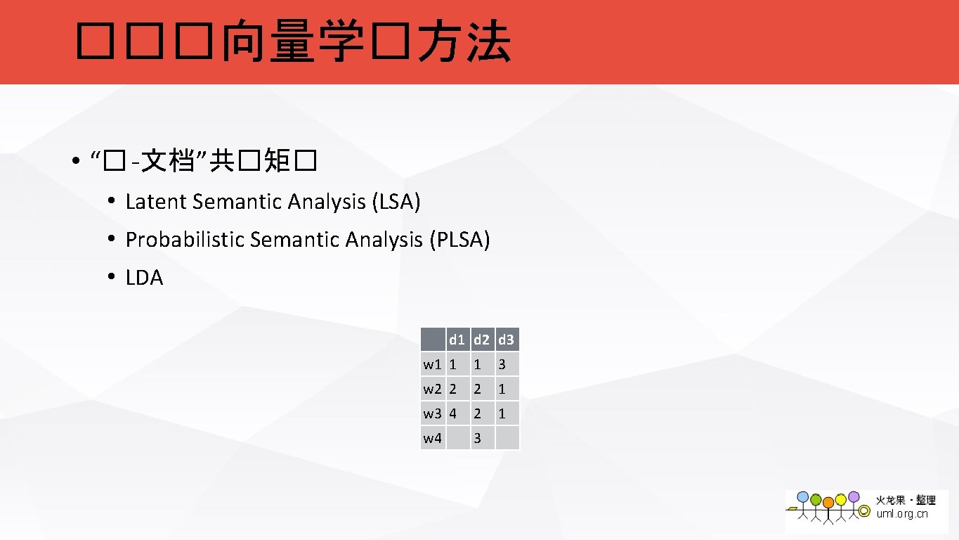 ���向量学�方法 • “� -文档”共�矩� • Latent Semantic Analysis (LSA) • Probabilistic Semantic Analysis (PLSA)