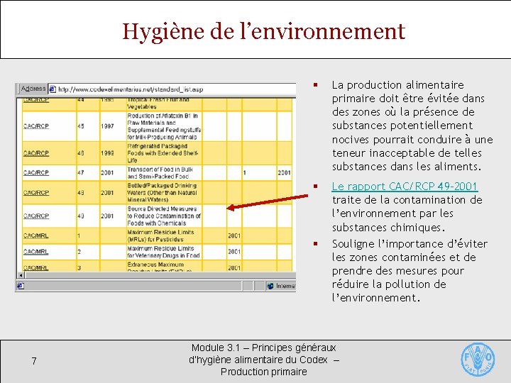 Hygiène de l’environnement § La production alimentaire primaire doit être évitée dans des zones