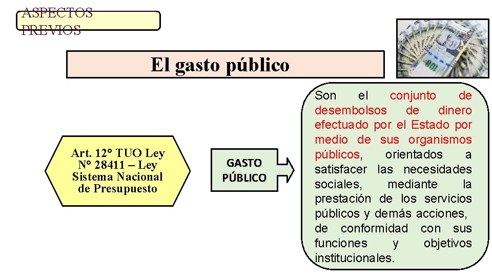 ASPECTOS PREVIOS El gasto público Art. 12° TUO Ley N° 28411 – Ley Sistema