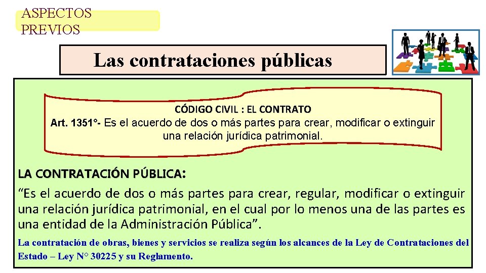 ASPECTOS PREVIOS Las contrataciones públicas CÓDIGO CIVIL : EL CONTRATO Art. 1351°- Es el