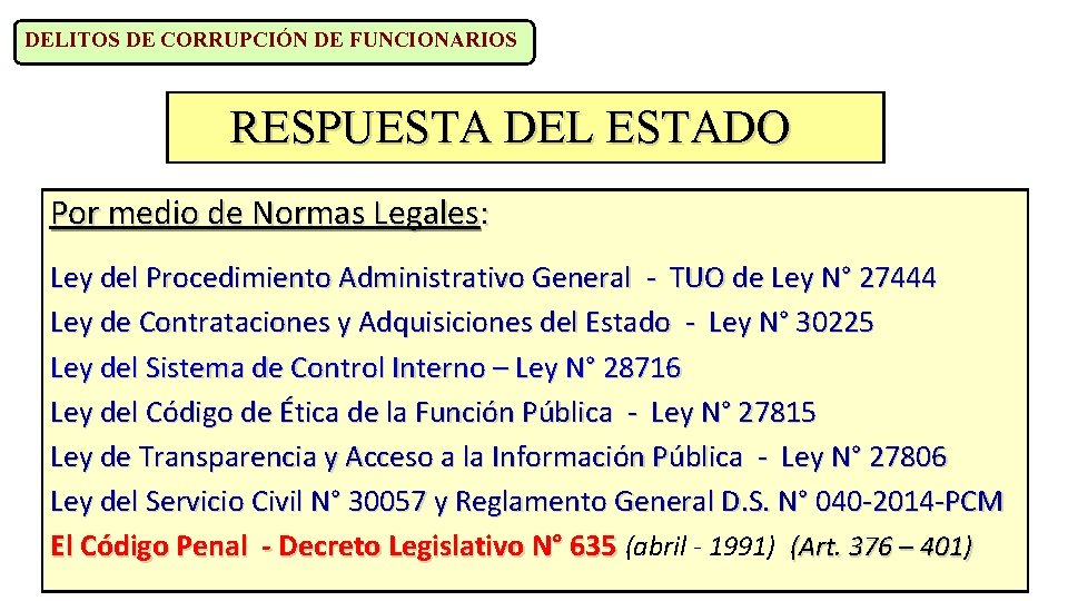 DELITOS DE CORRUPCIÓN DE FUNCIONARIOS RESPUESTA DEL ESTADO Por medio de Normas Legales: Ley