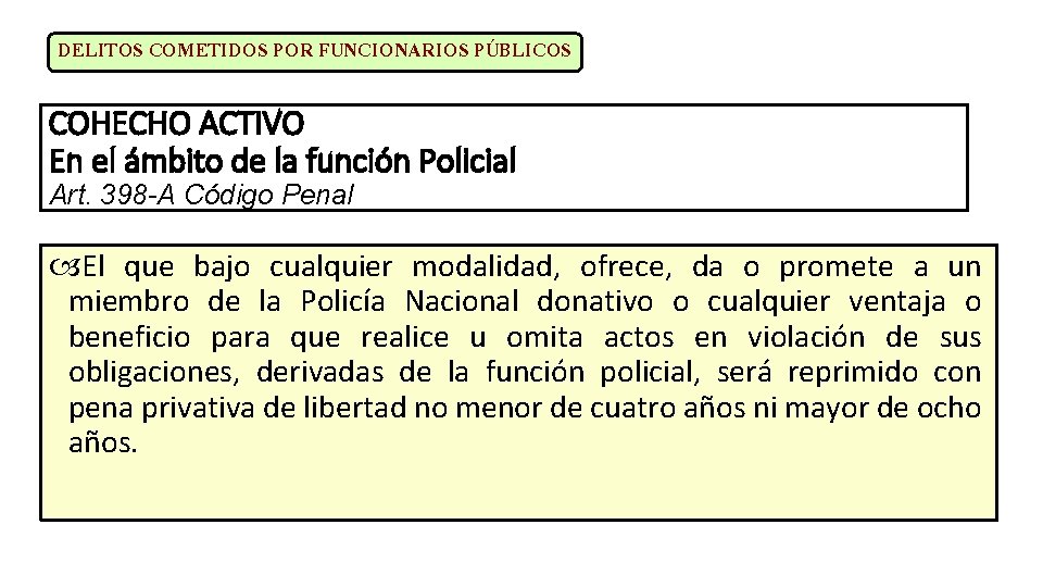 DELITOS COMETIDOS POR FUNCIONARIOS PÚBLICOS COHECHO ACTIVO En el ámbito de la función Policial