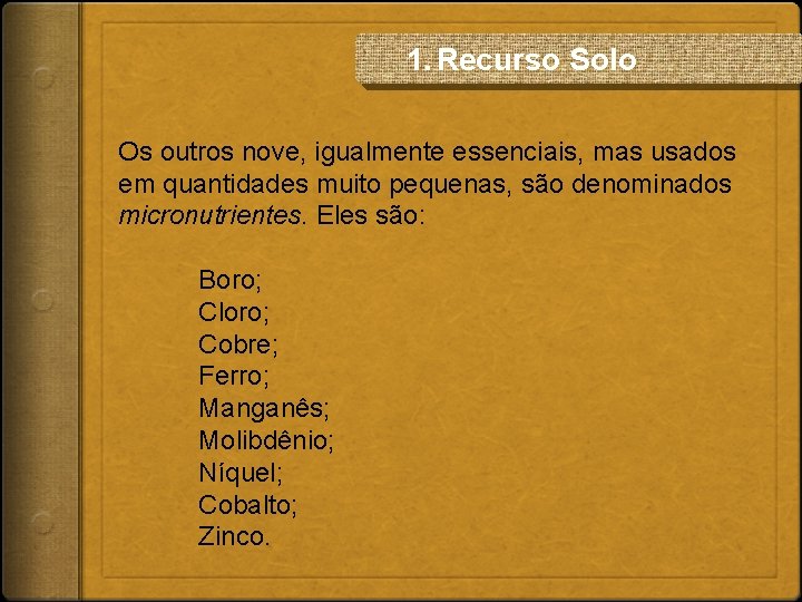 1. Recurso Solo Os outros nove, igualmente essenciais, mas usados em quantidades muito pequenas,