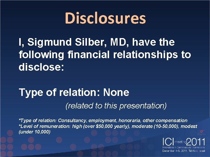 Disclosures I, Sigmund Silber, MD, have the following financial relationships to disclose: Type of