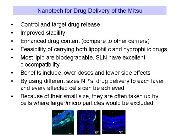 Nanotech for Drug Delivery of the Mitsu • • Control and target drug release