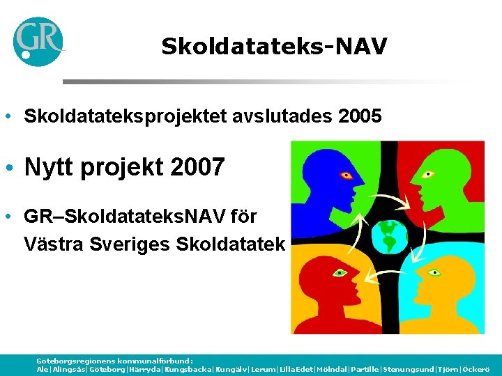 Skoldatateks-NAV • Skoldatateksprojektet avslutades 2005 • Nytt projekt 2007 • GR–Skoldatateks. NAV för Västra