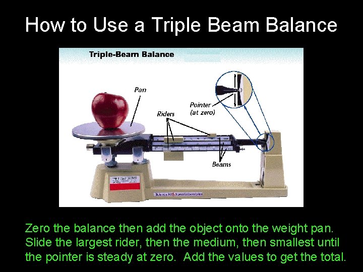 How to Use a Triple Beam Balance Zero the balance then add the object How to Use a Triple Beam Balance Zero the balance then add the object