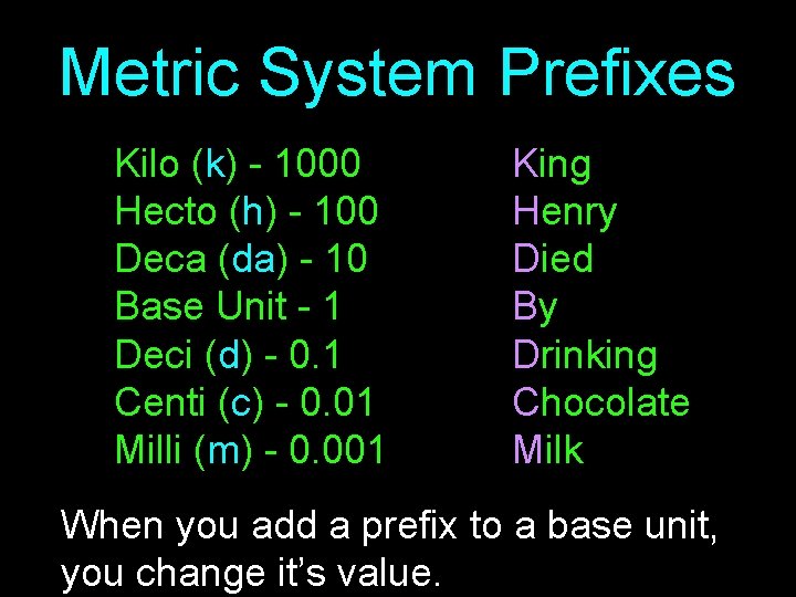 Metric System Prefixes Kilo (k) - 1000 Hecto (h) - 100 Deca (da) - Metric System Prefixes Kilo (k) - 1000 Hecto (h) - 100 Deca (da) -