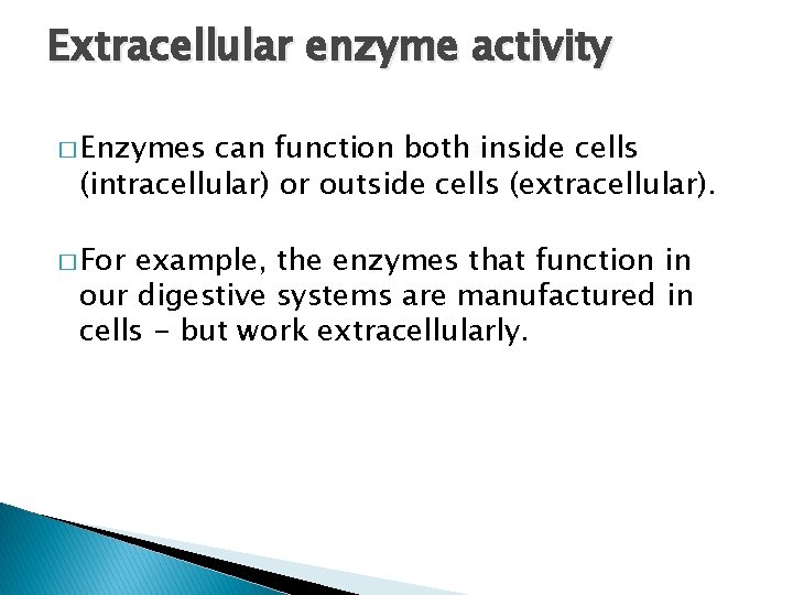 Extracellular enzyme activity � Enzymes can function both inside cells (intracellular) or outside cells