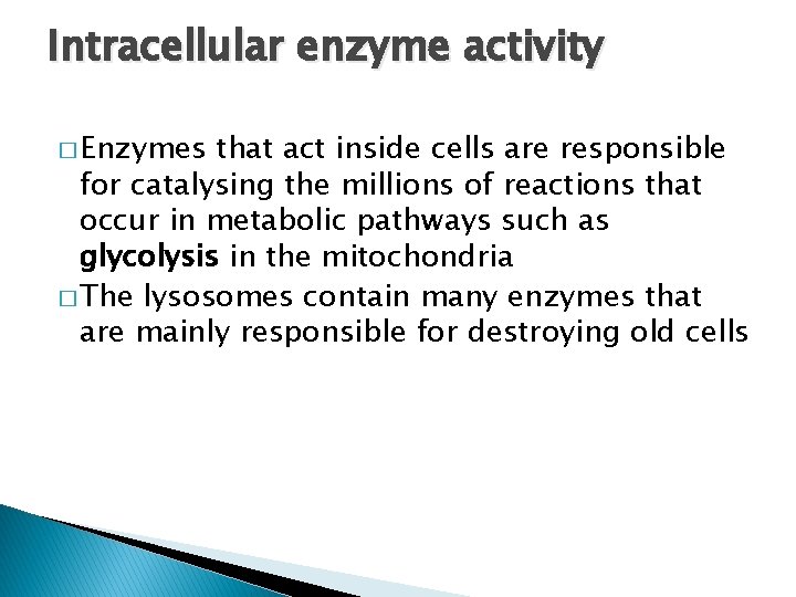 Intracellular enzyme activity � Enzymes that act inside cells are responsible for catalysing the