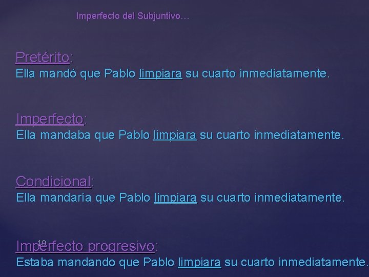 Imperfecto del Subjuntivo… Pretérito: Ella mandó que Pablo limpiara su cuarto inmediatamente. Imperfecto: Ella