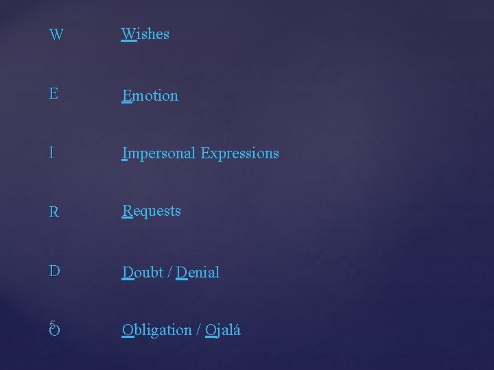 W Wishes E Emotion I Impersonal Expressions R Requests D Doubt / Denial 5