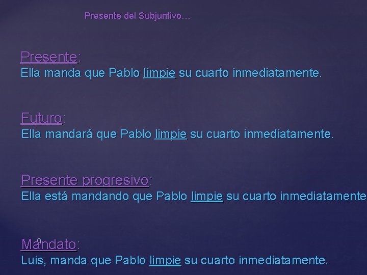 Presente del Subjuntivo… Presente: Ella manda que Pablo limpie su cuarto inmediatamente. Futuro: Ella
