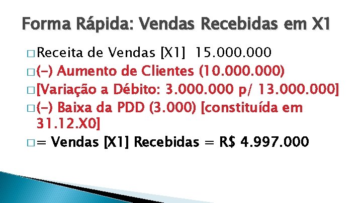 Forma Rápida: Vendas Recebidas em X 1 � Receita de Vendas [X 1] 15.