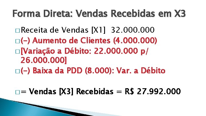 Forma Direta: Vendas Recebidas em X 3 � Receita de Vendas [X 1] 32.