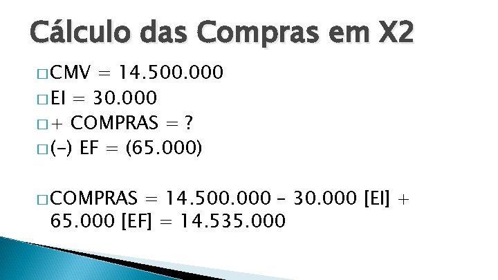 Cálculo das Compras em X 2 � CMV = 14. 500. 000 � EI