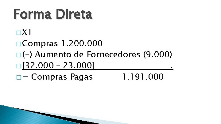 Forma Direta � X 1 � Compras 1. 200. 000 � (-) Aumento de