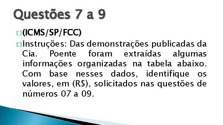 Questões 7 a 9 � (ICMS/SP/FCC) � Instruções: Das demonstrações publicadas da Cia. Poente