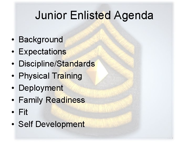 Junior Enlisted Agenda • • Background Expectations Discipline/Standards Physical Training Deployment Family Readiness Fit