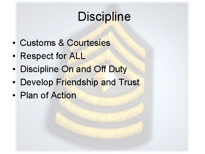 Discipline • • • Customs & Courtesies Respect for ALL Discipline On and Off