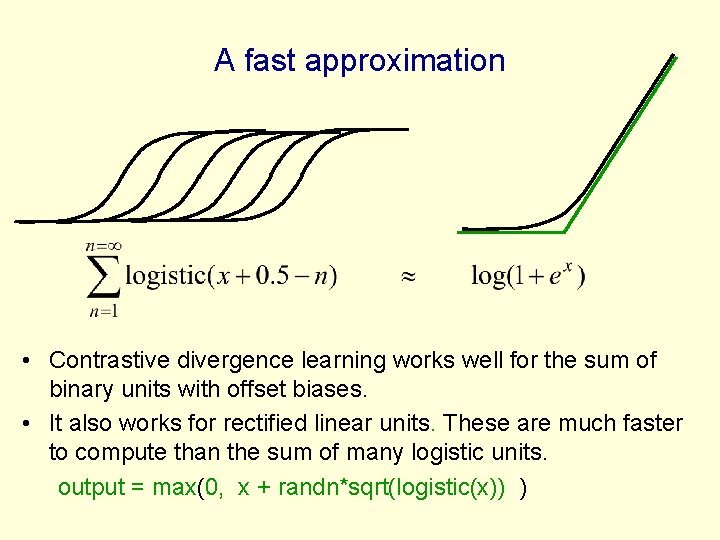A fast approximation • Contrastive divergence learning works well for the sum of binary
