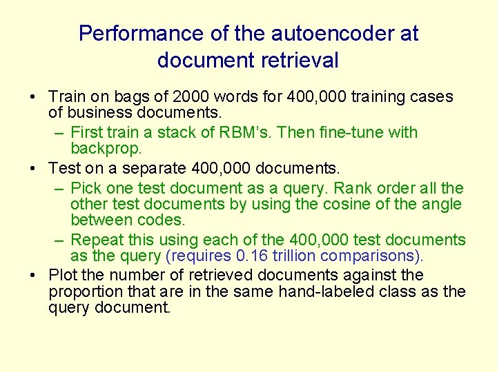 Performance of the autoencoder at document retrieval • Train on bags of 2000 words