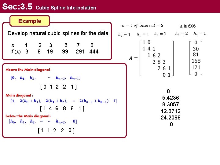 Sec: 3. 5 Cubic Spline Interpolation Example Develop natural cubic splines for the data