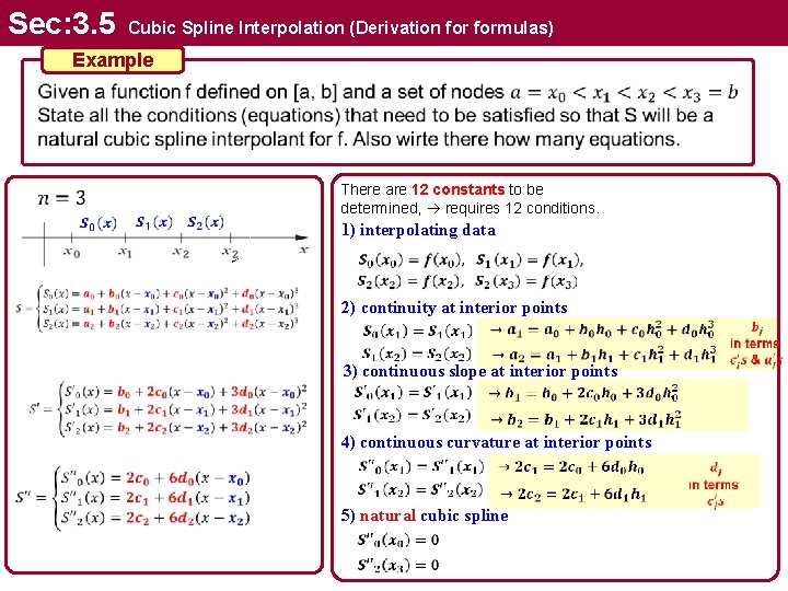 Sec: 3. 5 Cubic Spline Interpolation (Derivation formulas) Example There are 12 constants to