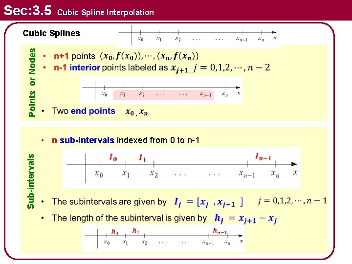 Sec: 3. 5 Cubic Spline Interpolation Points or Nodes Cubic Splines Sub-intervals • n