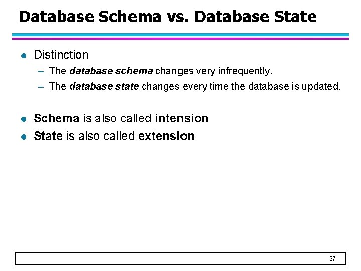 Database Schema vs. Database State l Distinction – The database schema changes very infrequently.