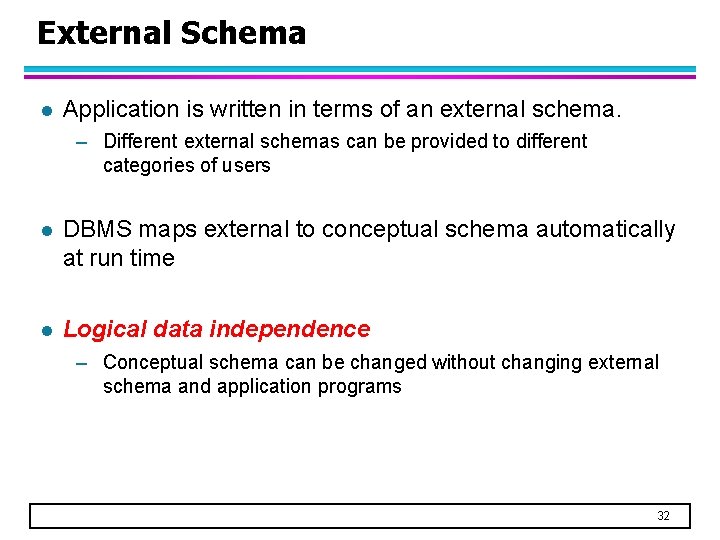 External Schema l Application is written in terms of an external schema. – Different