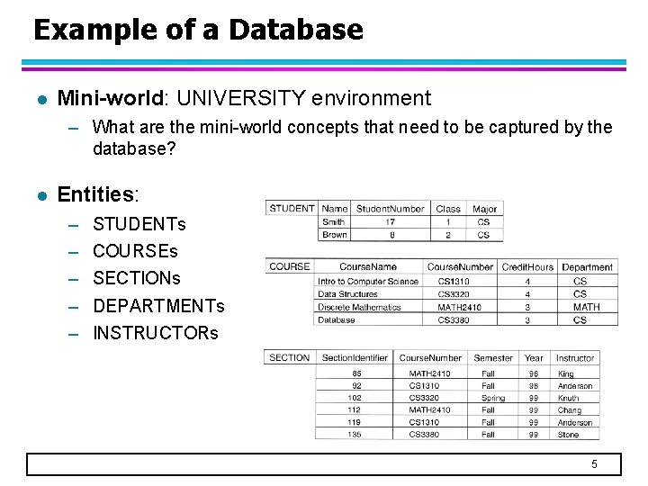 Example of a Database l Mini-world: UNIVERSITY environment – What are the mini-world concepts