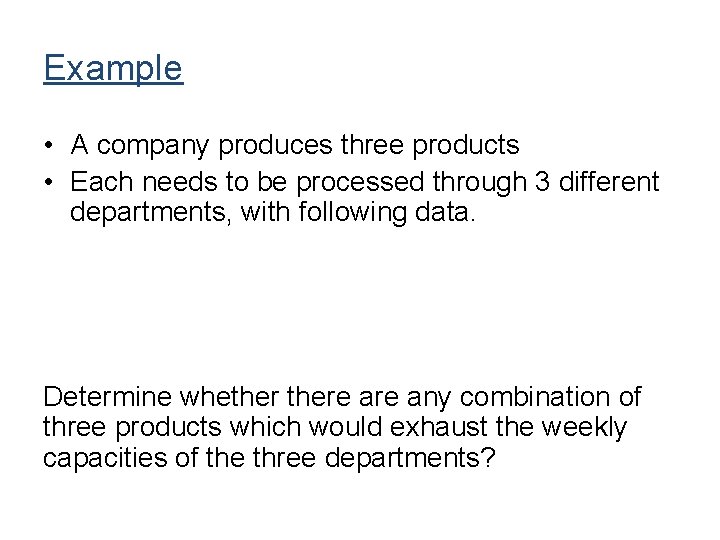 Example • A company produces three products • Each needs to be processed through