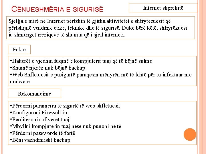 CËNUESHMËRIA E SIGURISË Internet shprehitë Sjellja e mirë në Internet përfshin të gjitha aktivitetet