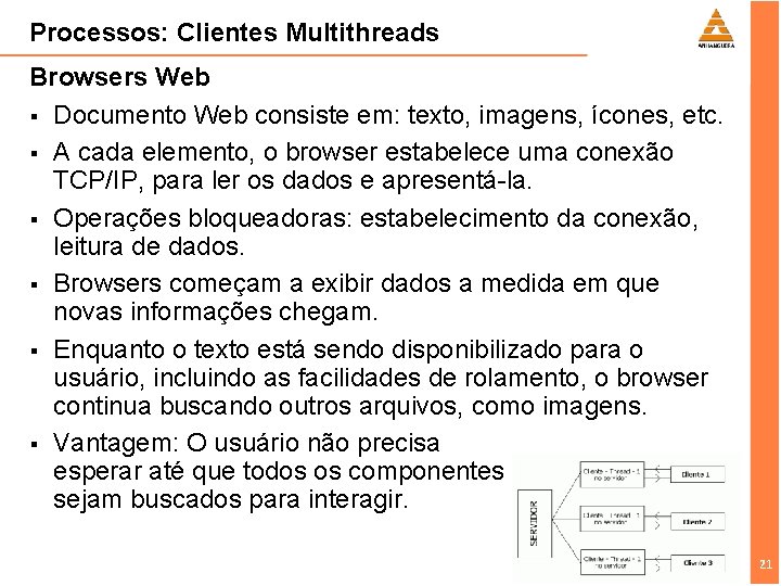 Processos: Clientes Multithreads Browsers Web § Documento Web consiste em: texto, imagens, ícones, etc.