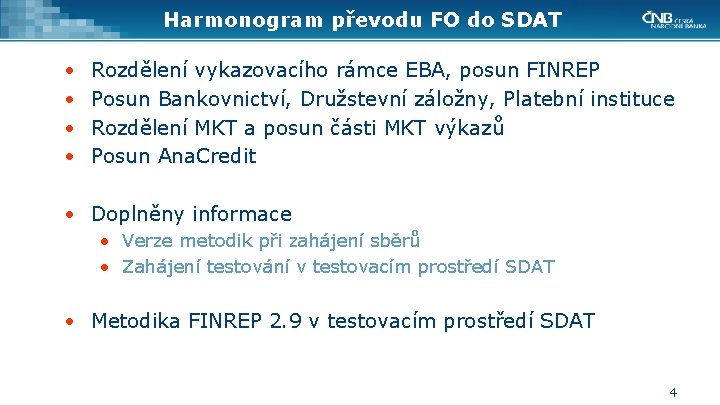 Harmonogram převodu FO do SDAT • • Rozdělení vykazovacího rámce EBA, posun FINREP Posun