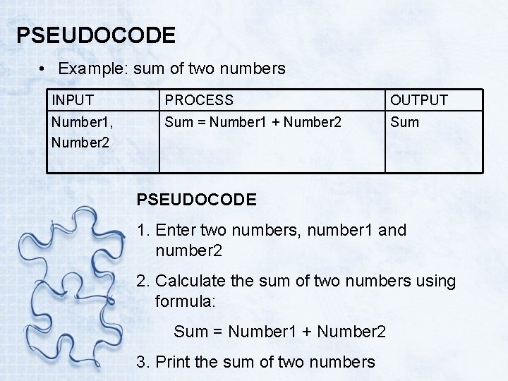 PSEUDOCODE • Example: sum of two numbers INPUT PROCESS OUTPUT Number 1, Number 2
