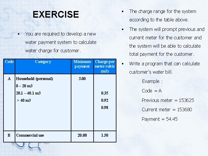  • EXERCISE • according to the table above. • You are required to