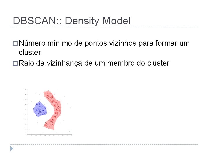 DBSCAN: : Density Model � Número mínimo de pontos vizinhos para formar um cluster