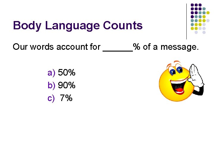 Body Language Counts Our words account for ______% of a message. a) 50% b)