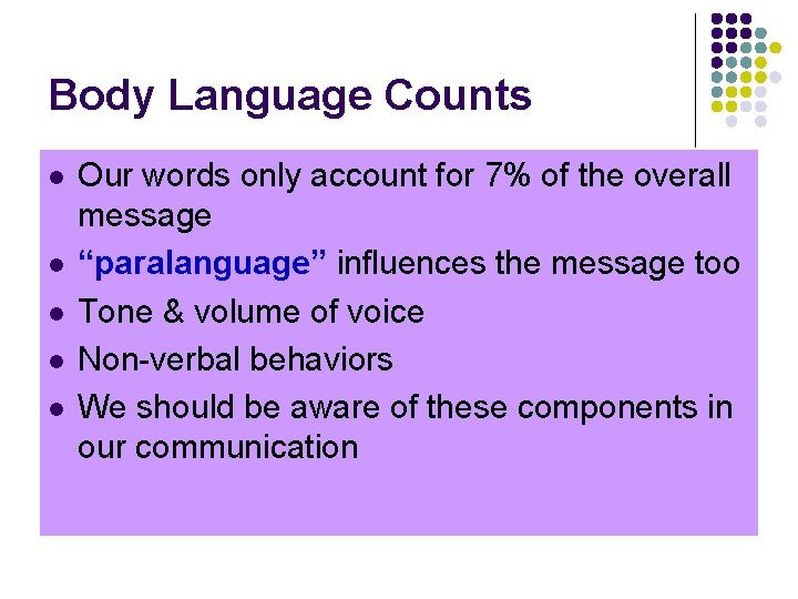 Body Language Counts l l l Our words only account for 7% of the