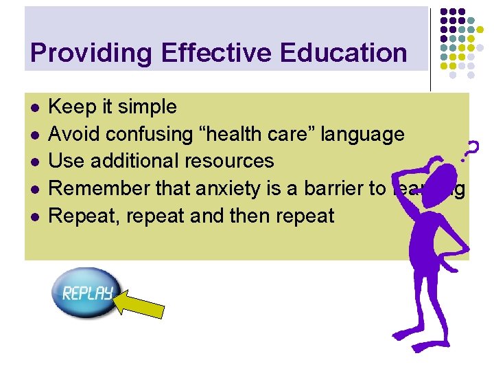 Providing Effective Education l l l Keep it simple Avoid confusing “health care” language