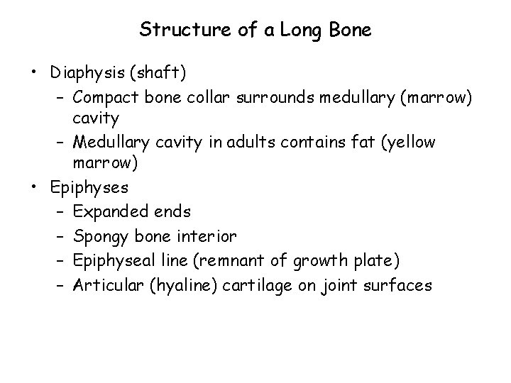 Structure of a Long Bone • Diaphysis (shaft) – Compact bone collar surrounds medullary