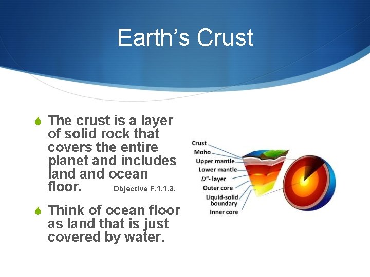 Earth’s Crust S The crust is a layer of solid rock that covers the