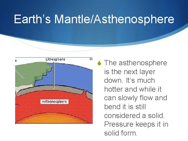 Earth’s Mantle/Asthenosphere S The asthenosphere is the next layer down. It’s much hotter and