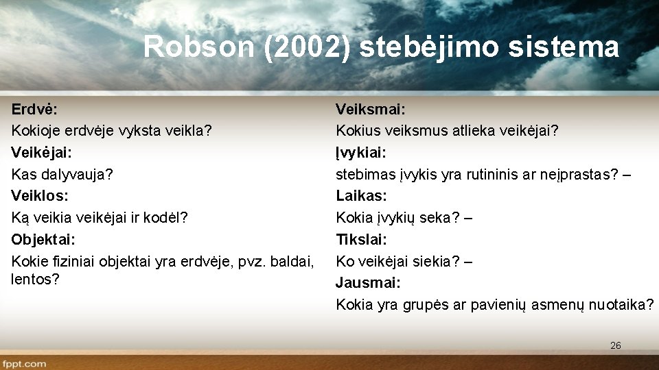 Robson (2002) stebėjimo sistema Erdvė: Kokioje erdvėje vyksta veikla? Veikėjai: Kas dalyvauja? Veiklos: Ką