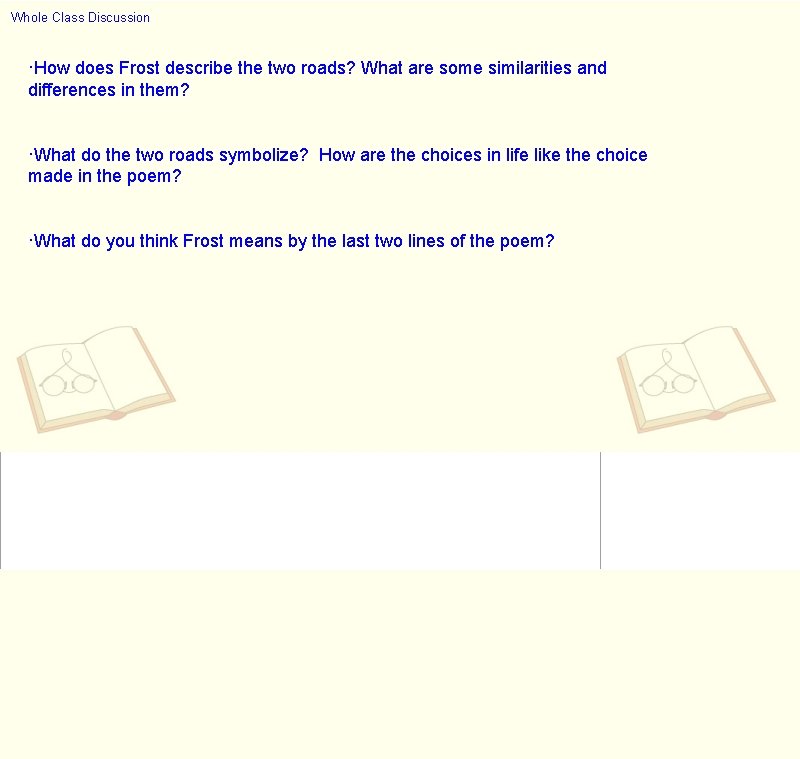 Whole Class Discussion ·How does Frost describe the two roads? What are some similarities