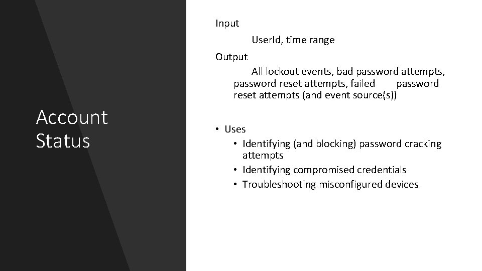 Input User. Id, time range Output All lockout events, bad password attempts, password reset